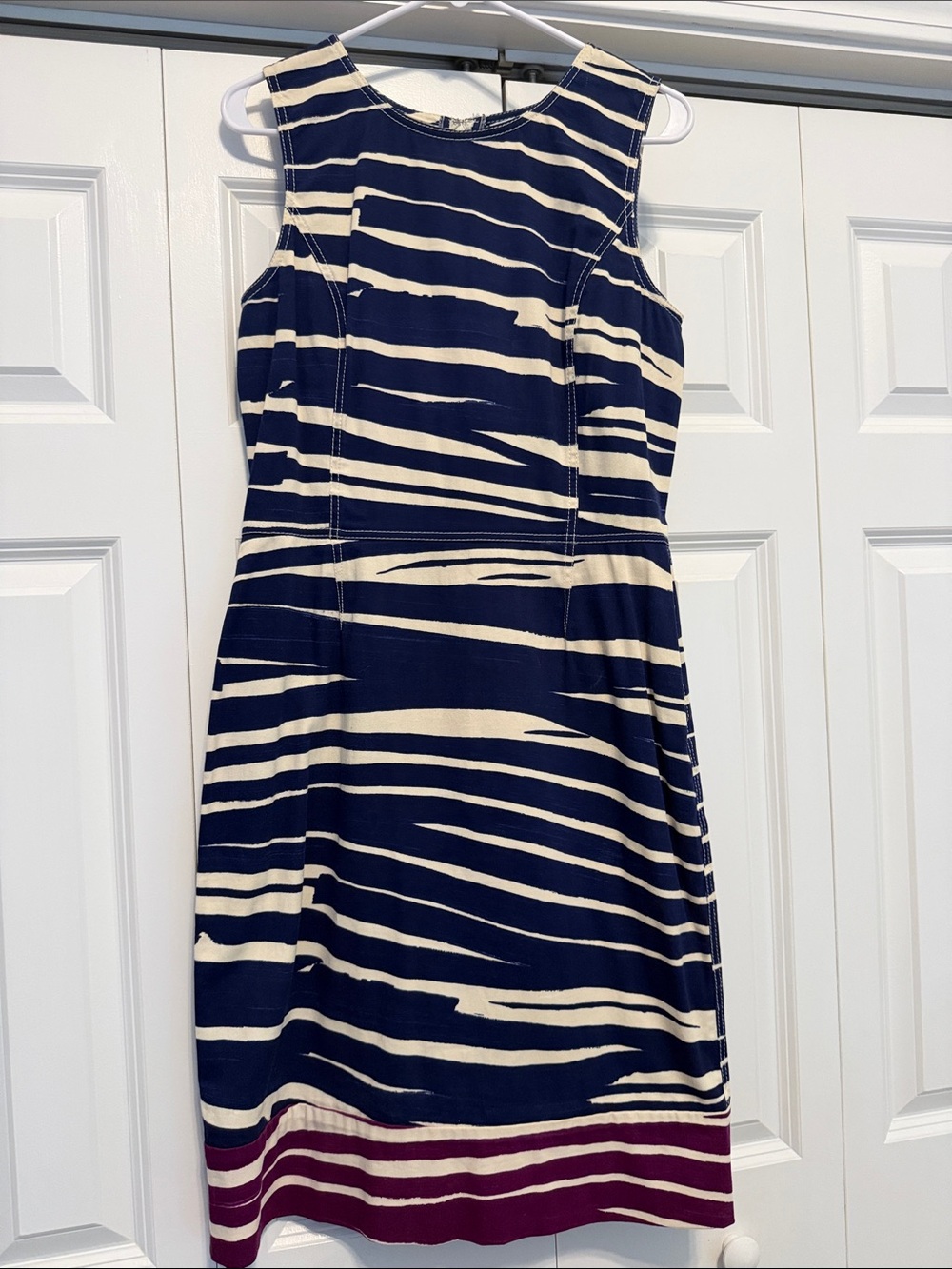 Sleeveless Navy and Cream Striped Shift Dress - Classic Women's Dress